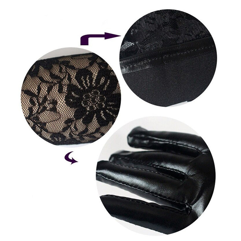 Close-up of black lace gloves showcasing floral pattern and synthetic leather detail, perfect for gothic elegance.