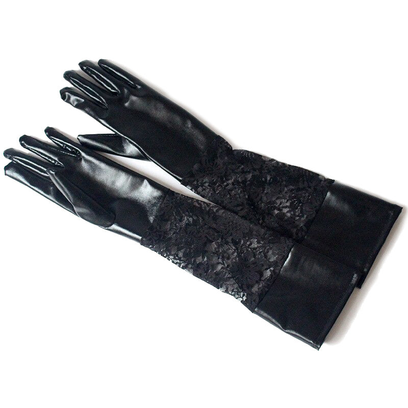 Elegant black lace long women's gloves, perfect for gothic fashion and parties, featuring faux leather and spandex.