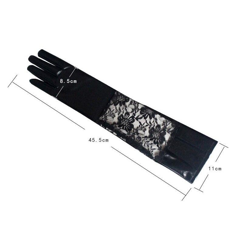 Elegant black lace long women's gloves with faux leather, perfect for gothic fashion and party outfits.