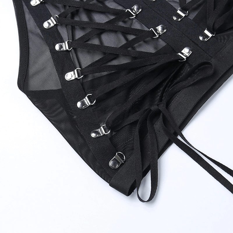 Black Lace Up Mesh Crop Top / Gothic Punk Women's Halter Top with Rings / Sexy Alt Clothes