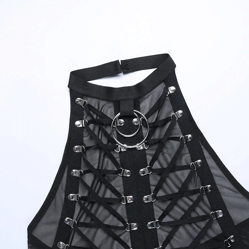 Black Lace Up Mesh Crop Top / Gothic Punk Women's Halter Top with Rings / Sexy Alt Clothes