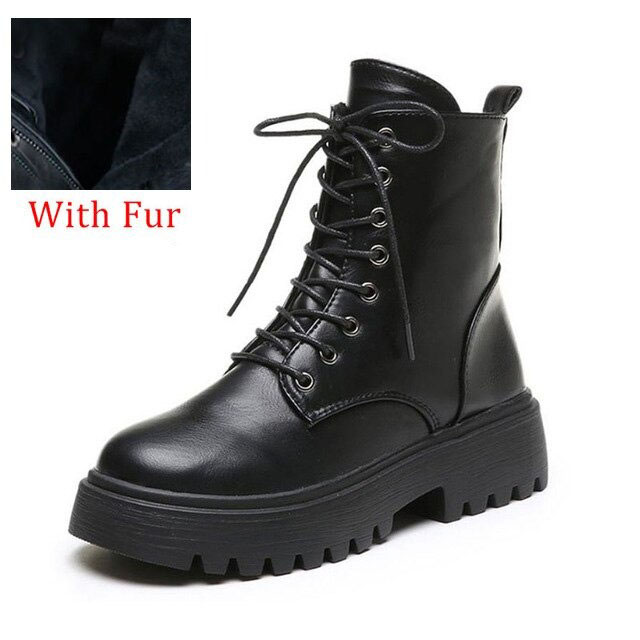 Black Lace Up PU Leather Ankle Boots / Round Toe Zipper Footwear / Fashion Female Boots - HARD'N'HEAVY