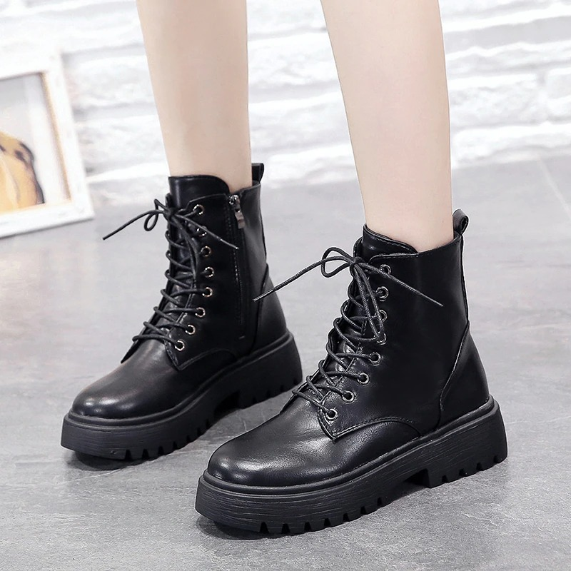 Black Lace Up PU Leather Ankle Boots / Round Toe Zipper Footwear / Fashion Female Boots - HARD'N'HEAVY