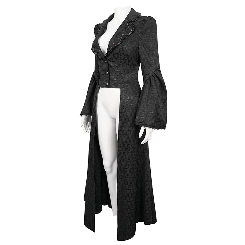 Elegant black ladies' flared sleeves beaded long coat, showcasing a gothic retro style with a dramatic cut and intricate details.