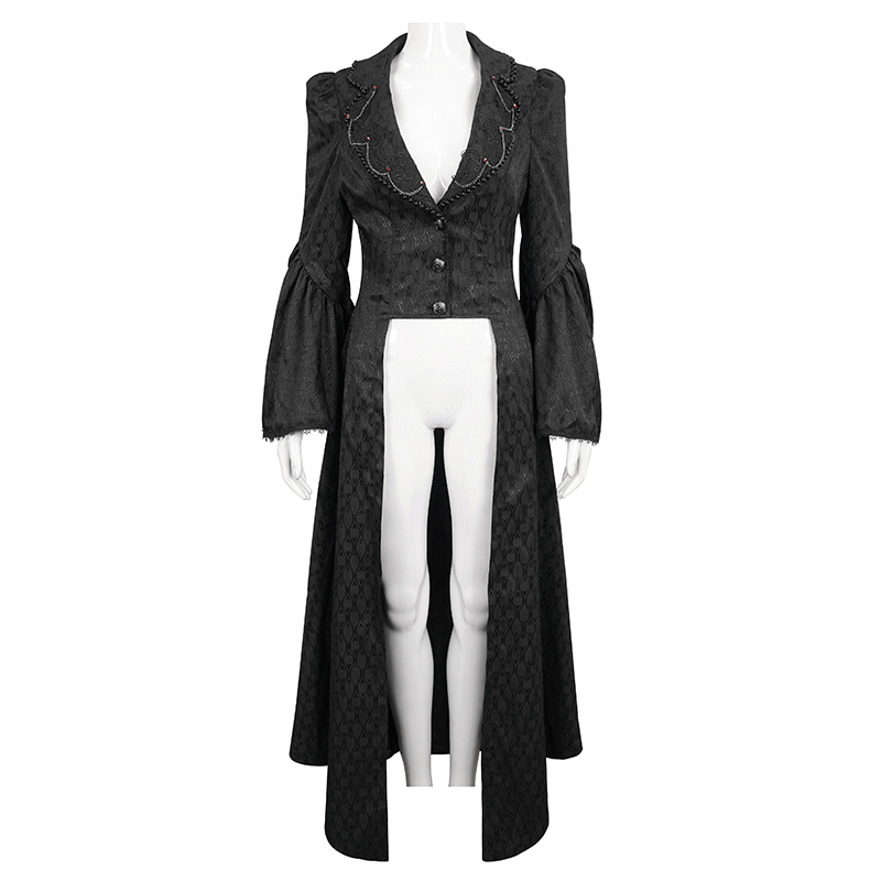 Elegant black ladies flared sleeves beaded long coat, perfect for gothic retro style lovers.