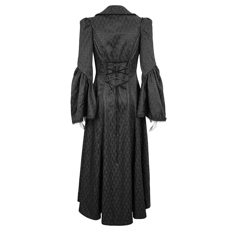 Back view of a black ladies flared sleeves beaded long coat in gothic style, showcasing intricate detailing and elegant silhouette.