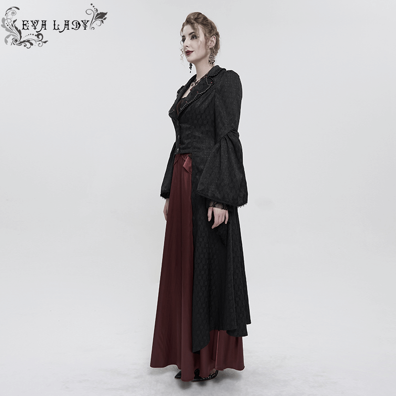 Elegant black flared sleeves beaded long coat for women with gothic vintage style.