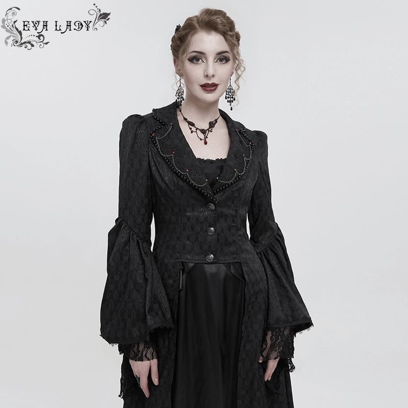 Elegant woman in black flared sleeves beaded long coat, embodying gothic retro fashion style.