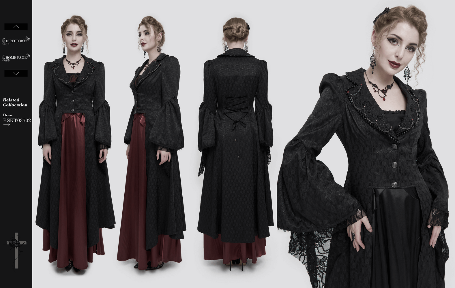 Elegant black flared sleeves beaded long coat for women, showcasing gothic style with a graceful silhouette.