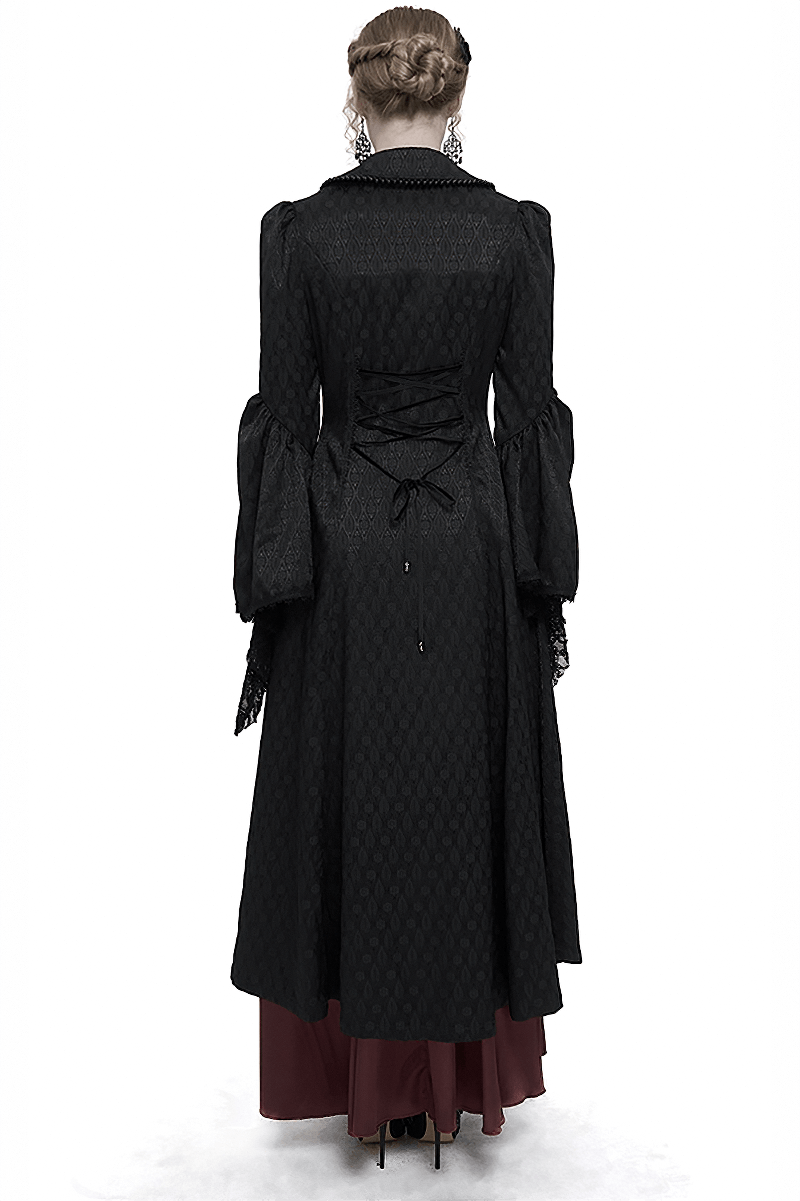Elegant black gothic long coat with flared sleeves and lace-up back, perfect for a retro fashion statement.