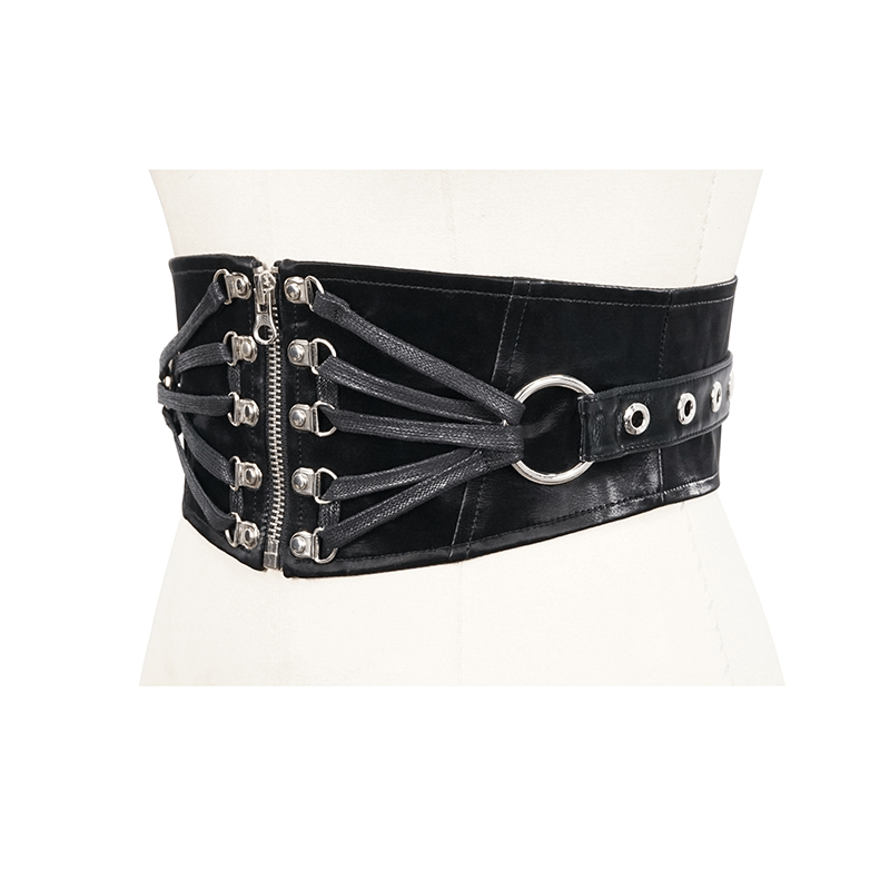 Black ladies wide belt with silver rivets and zipper, perfect for gothic outfits and waist accentuation.