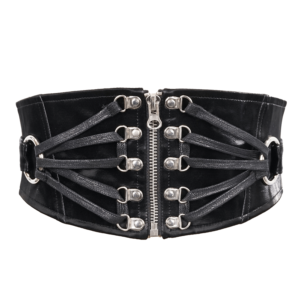 Stylish black ladies corset belt with silver rivets and zipper, perfect for gothic outfits and waist definition.