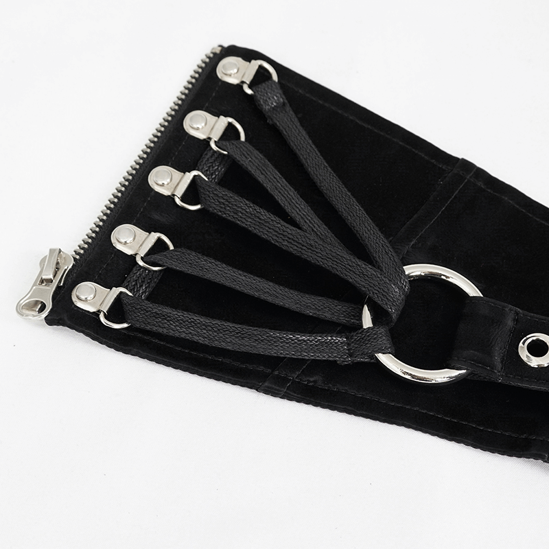 Black wide belt with rivets and zipper, perfect for gothic style outfits and waist accentuation.