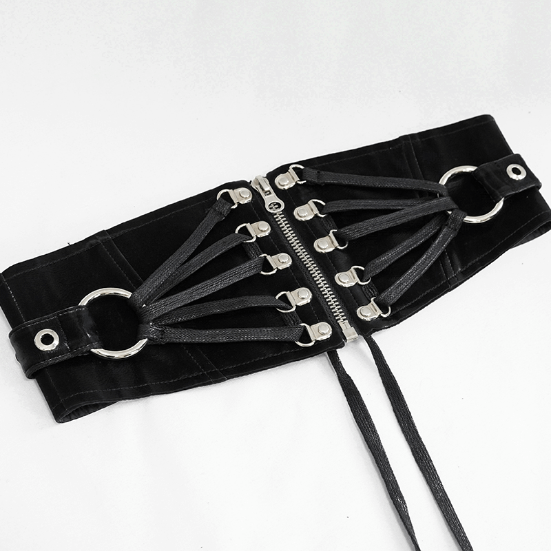 Ladies black gothic corset belt featuring silver rivets, a zipper, and stylish lace details for a chic waist accent.