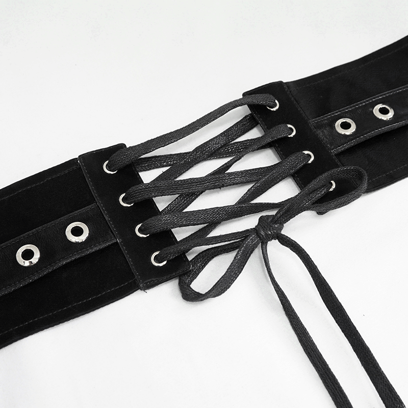 Black ladies wide belt with rivets, gothic style waistband, featuring stylish laces and eyelets for a chic look.