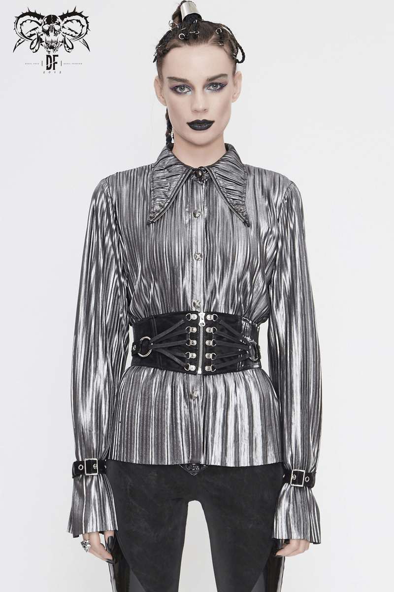 Stylish model in a metallic silver shirt with a black gothic wide belt featuring silver rivets and a fashionable collar.