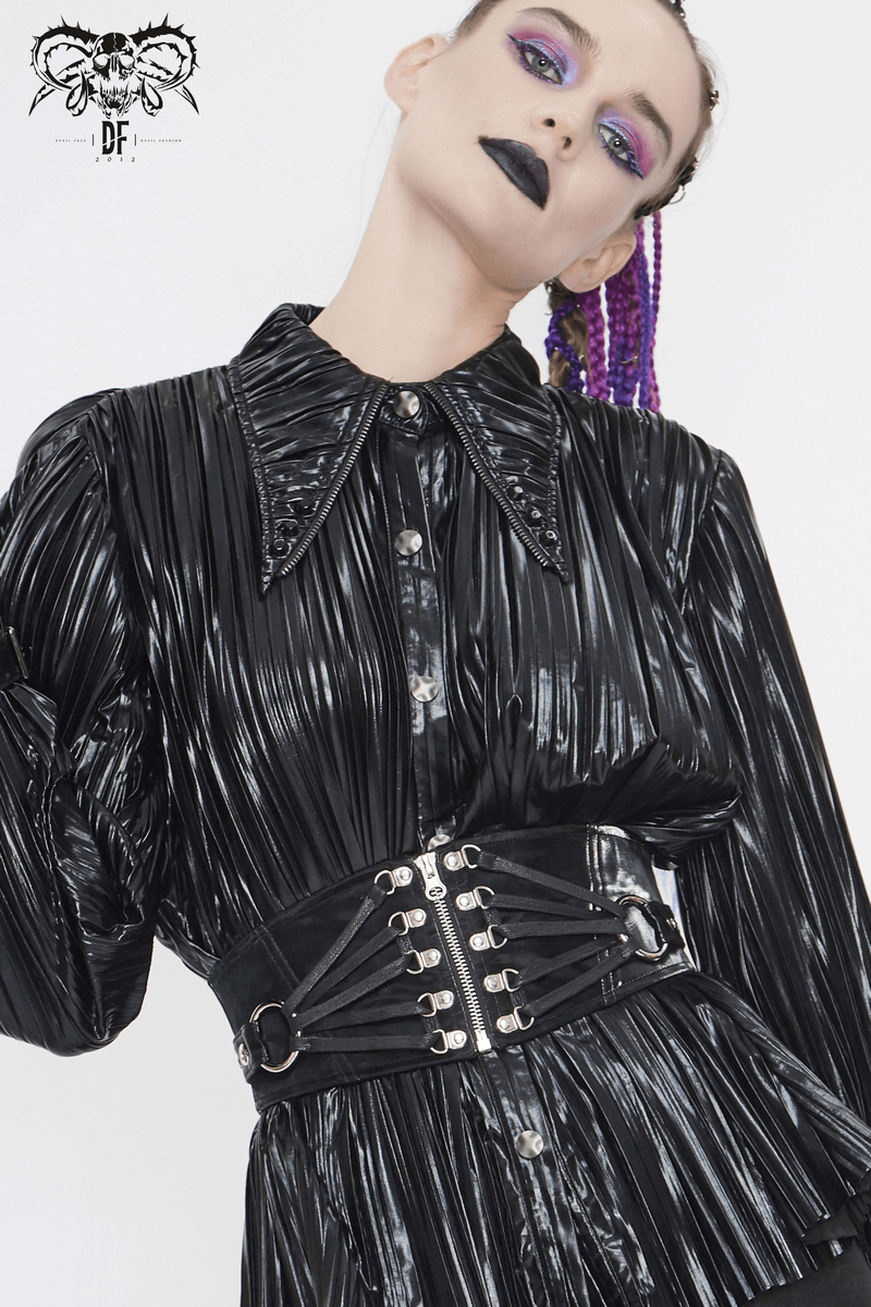 Fashionable black women’s corset with silver rivets, perfect for gothic outfits, enhancing your waist with edgy style.