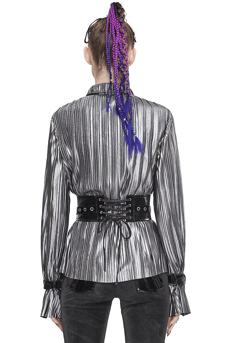 Back view of a stylish black corset with silver rivets over a metallic striped blouse, featuring an edgy hairstyle.