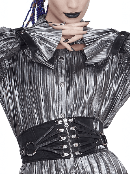 Black Ladies Wide Belt With Rivets / Gothic Style Waistband with Zipper for Women