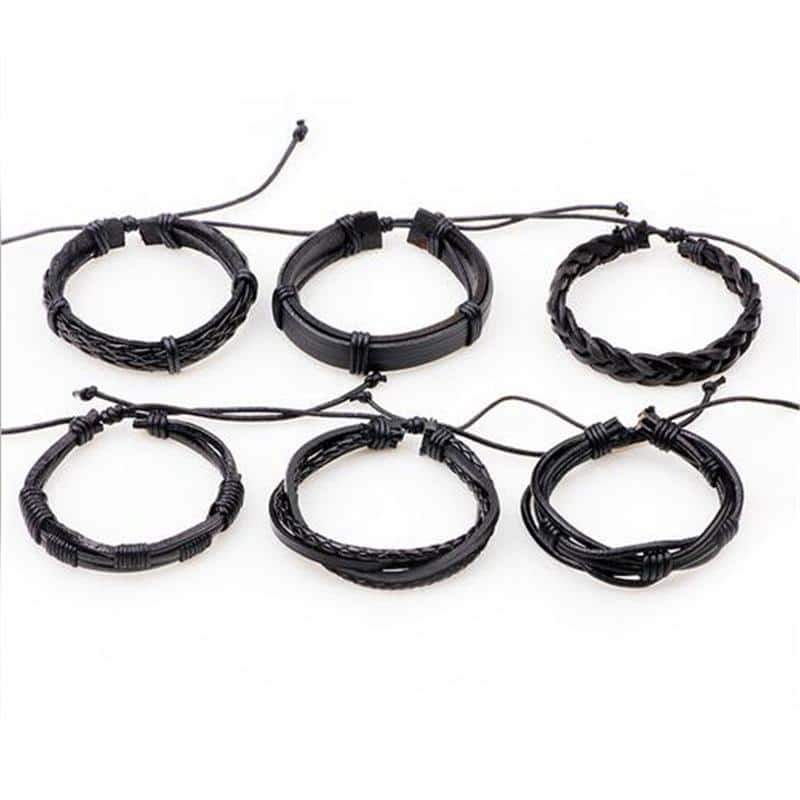 Black Leather Bracelet in Rock Style & Braided Rope Wristband Set of 6 PCs - HARD'N'HEAVY