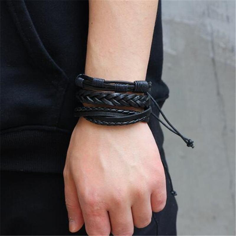 Black Leather Bracelet in Rock Style & Braided Rope Wristband Set of 6 PCs - HARD'N'HEAVY