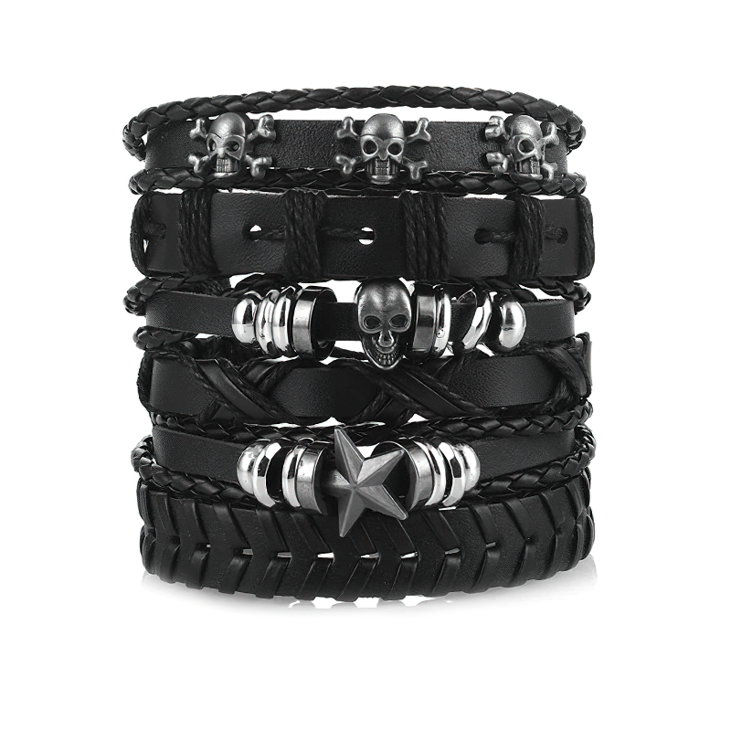 Set of 6 rock-style black leather bracelets with skulls and star design, perfect unisex accessory.
