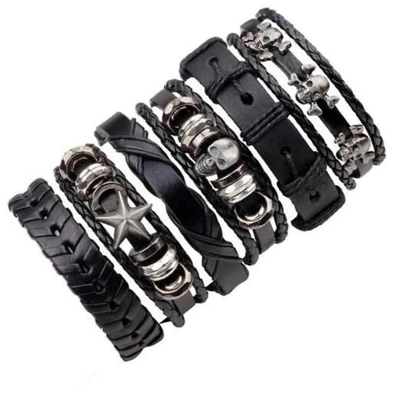 Black Leather Bracelet in Rock Style with Skull & Star Wristband Set of 6 PCs - HARD'N'HEAVY
