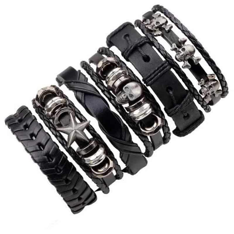 Black leather bracelet set of 6 pieces with skull and star designs, perfect for unisex rock style fashion.