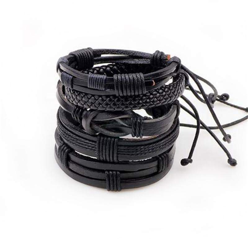 Set of 5 black leather bracelets in rock style, featuring knitted designs and tassels for a bold, goth look.