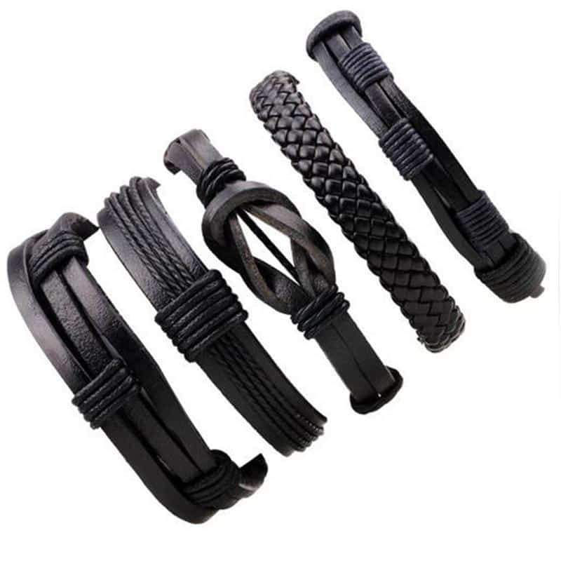 Men's black leather bracelet set of 5, featuring unique designs in rock style, perfect for gothic looks.