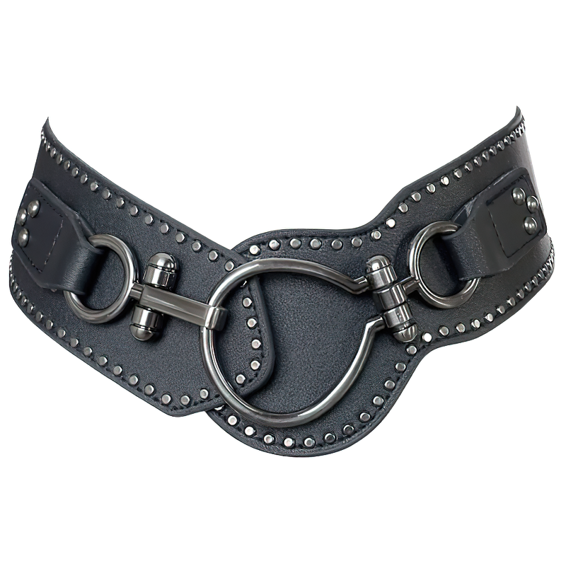 Black Leather Female Waistbelt With Metal Cross Decorated Clasp / Punk Oblique Belts - HARD'N'HEAVY