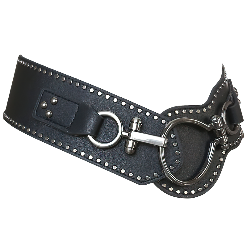Black Leather Female Waistbelt With Metal Cross Decorated Clasp / Punk Oblique Belts - HARD'N'HEAVY