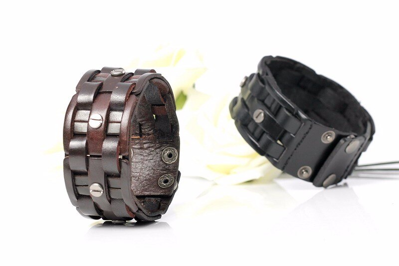 Handmade black and brown leather mosaic wrap bandage bracelets for men and women, showcasing stylish rock aesthetics.