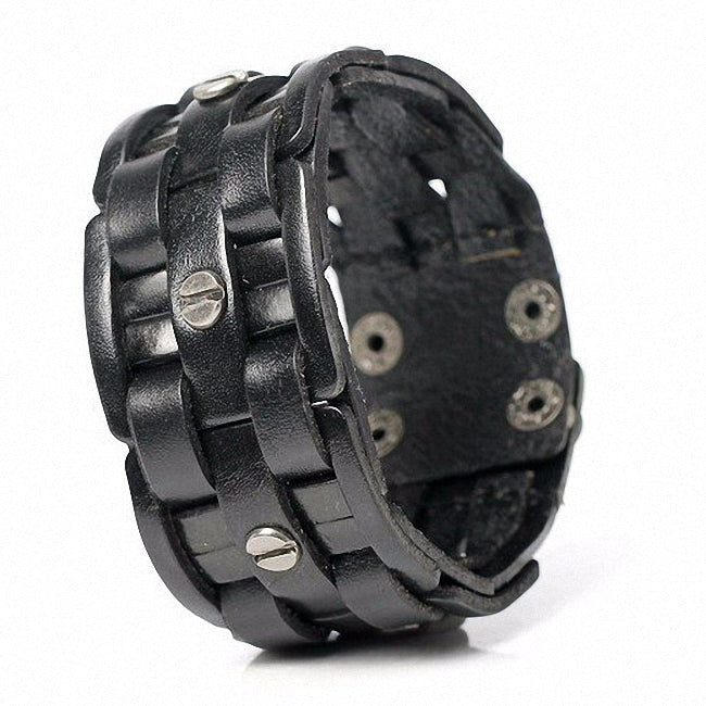 Black leather hand-woven mosaic wrap bandage bracelet for men and women with adjustable length and stylish design.