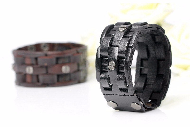Black Leather Hand-woven Bracelets / Mosaic Wrap Bandage  Bracelet for Men & women - HARD'N'HEAVY