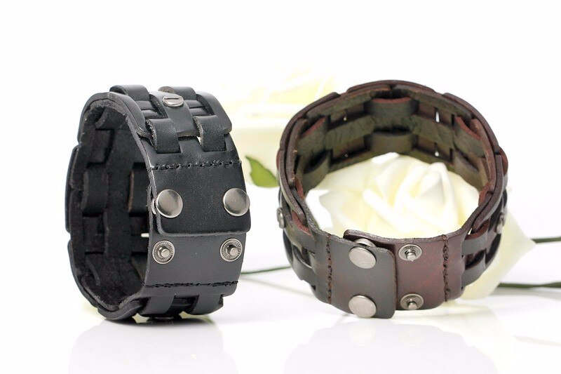 Black and brown hand-woven leather bracelets with metallic buttons, showcasing rock style and unisex design for men and women.