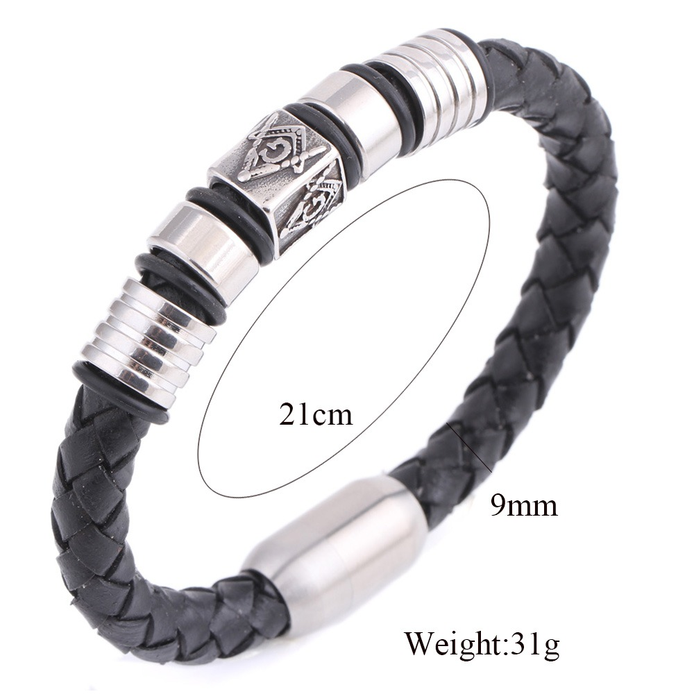 Black Leather Masonic Bracelet / Stainless Steel Magnet Bangle / Men and Women Jewelry - HARD'N'HEAVY