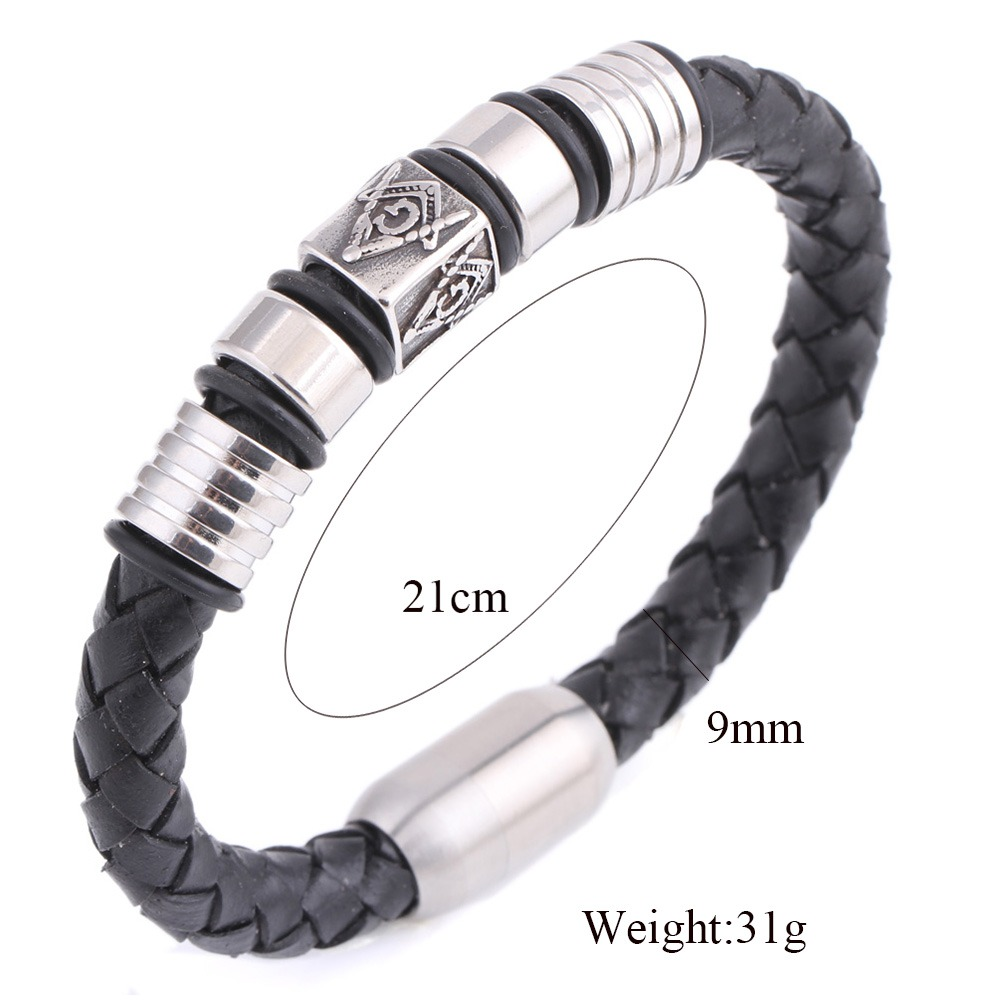 Trendy black leather Masonic bracelet with stainless steel accents and magnet closure, perfect for men and women.