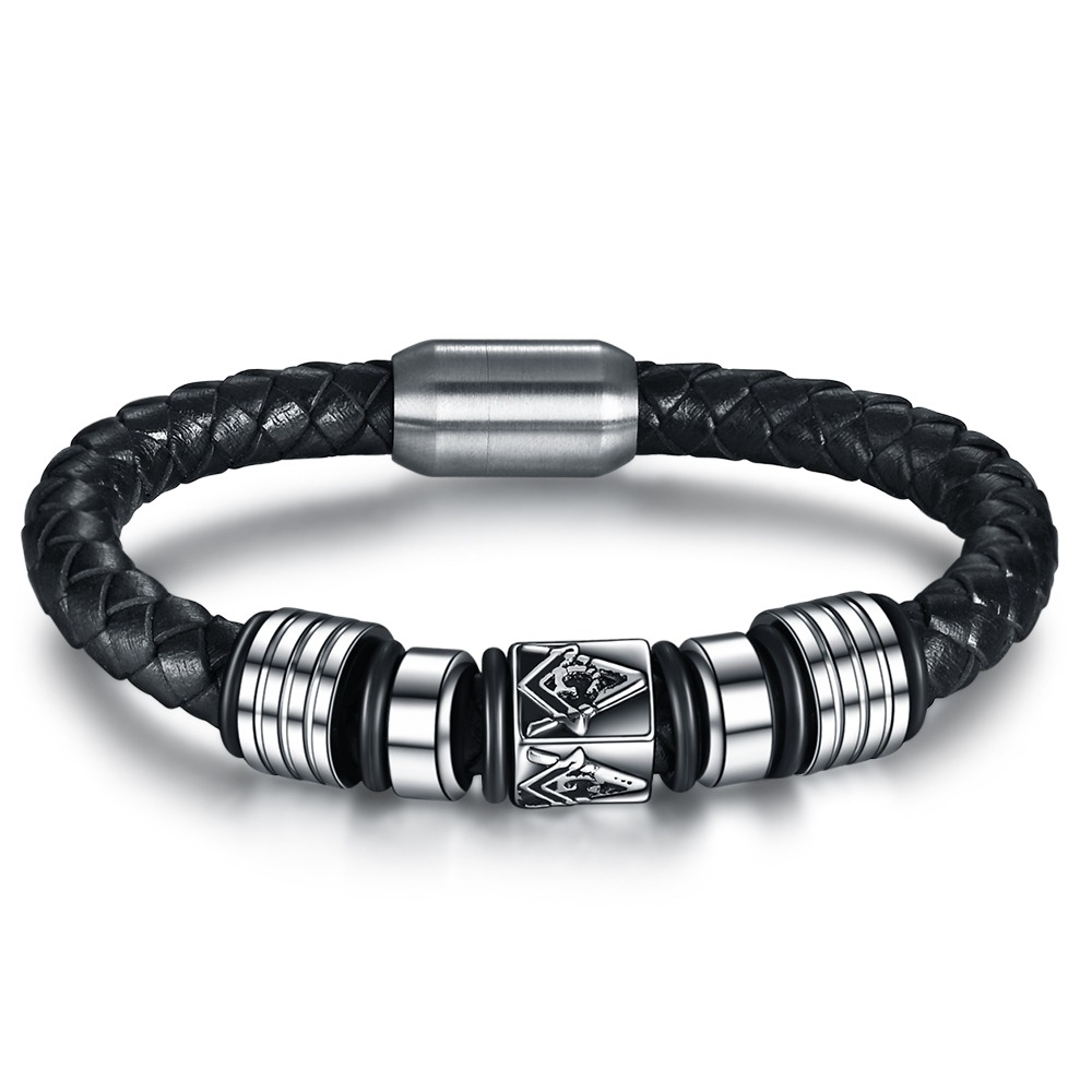 Stylish black leather Masonic bracelet with stainless steel accents and magnet, perfect trendy jewelry for men and women.