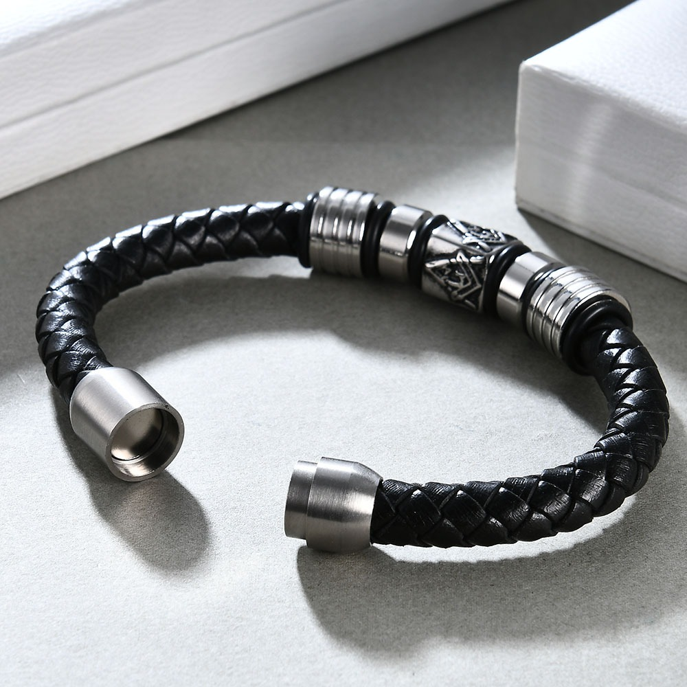 Stylish black leather Masonic bracelet with stainless steel accents, perfect for trendy men and women jewelry.