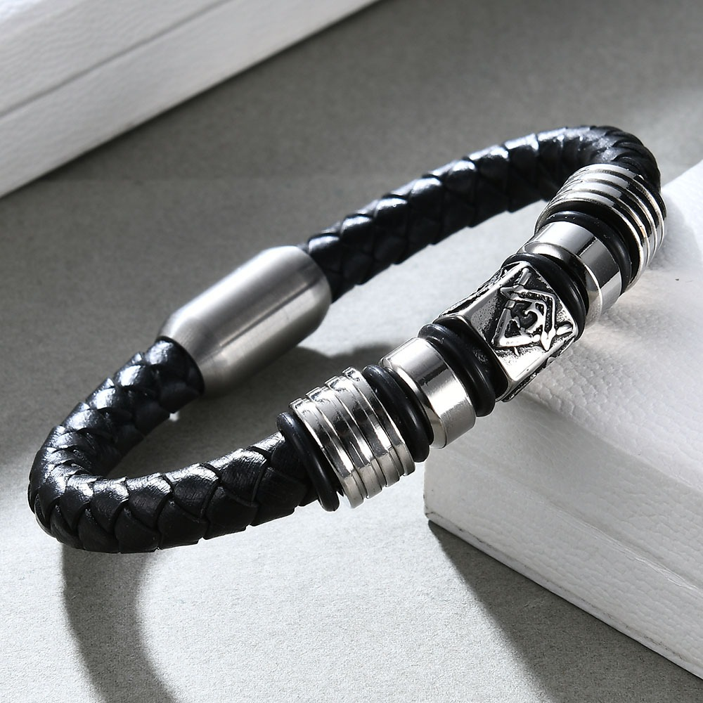 Trendy black leather Masonic bracelet with stainless steel magnet bangle, stylish jewelry for men and women.