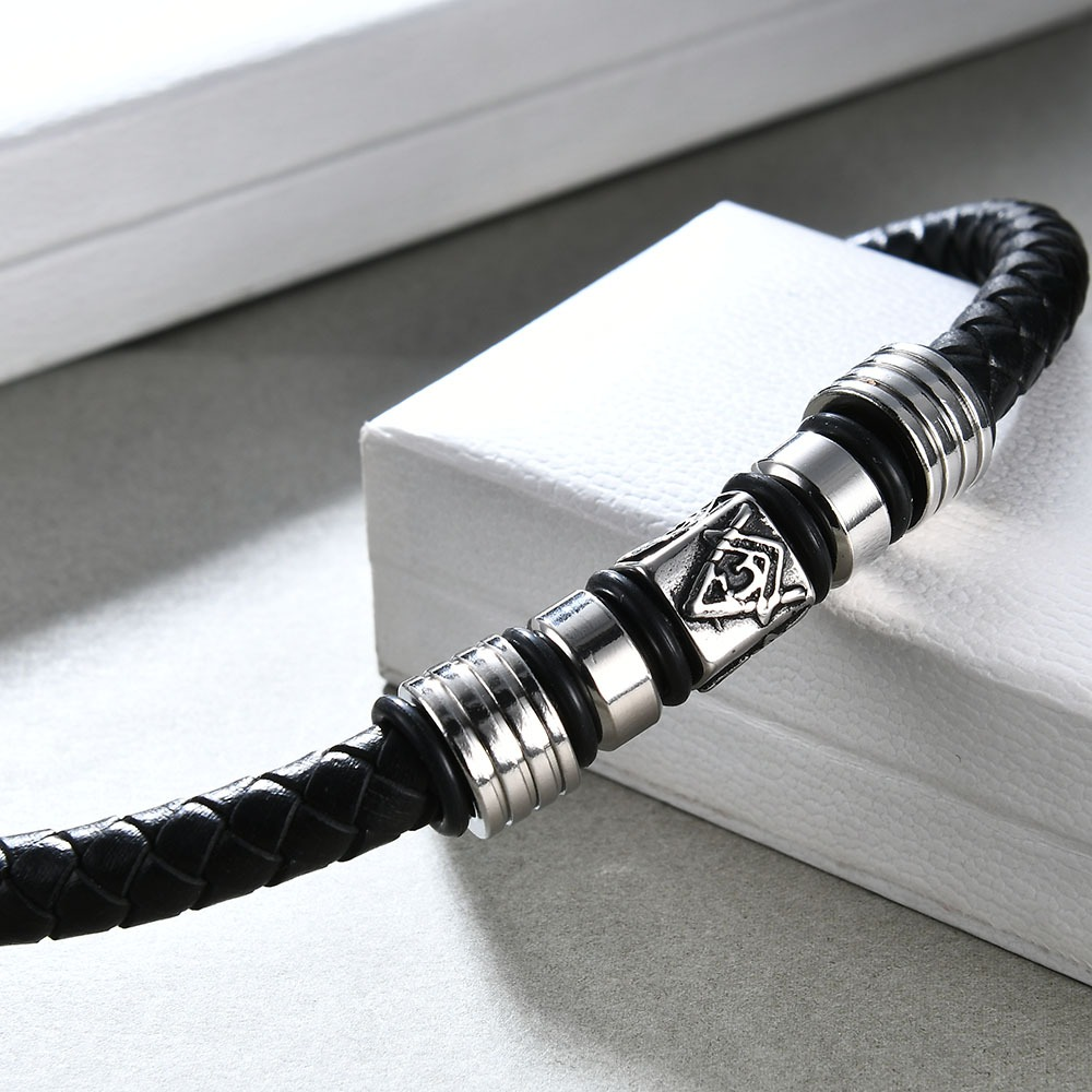 Stylish black leather Masonic bracelet with stainless steel accents, perfect for trendy men and women.