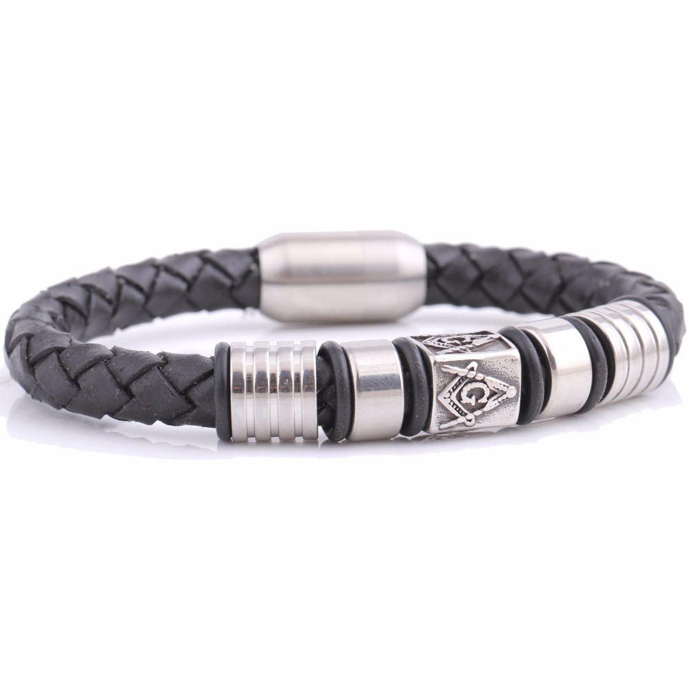 Stylish black leather Masonic bracelet with stainless steel magnet and unique patterns, perfect for trendy outfits.