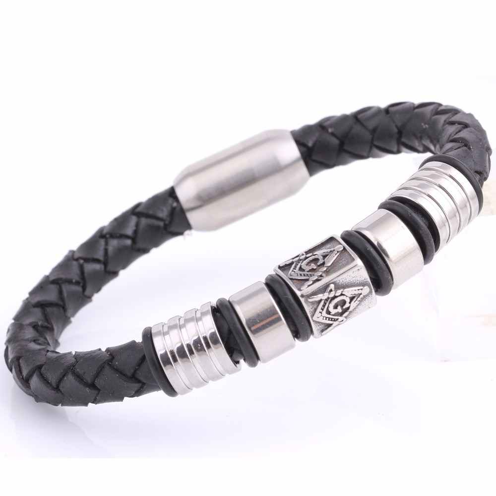 Black leather Masonic bracelet with stainless steel details, trendy fashion accessory for men and women.