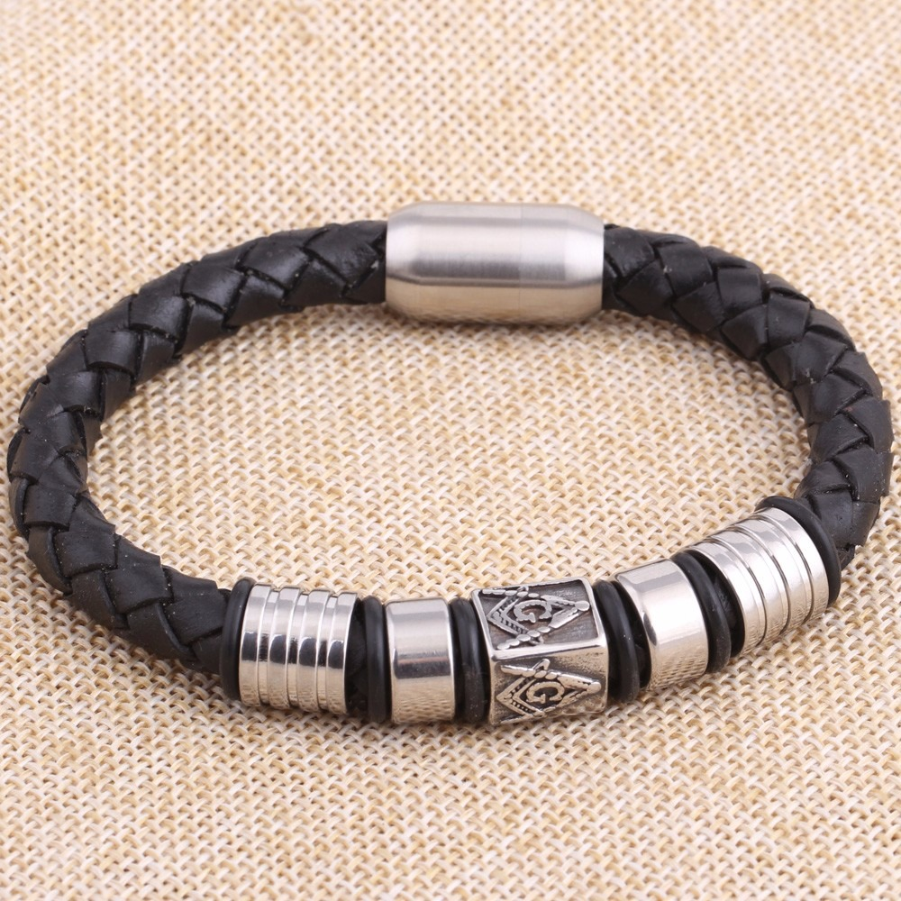 Black leather Masonic bracelet with stainless steel magnet bangle, stylish and trendy for men and women.