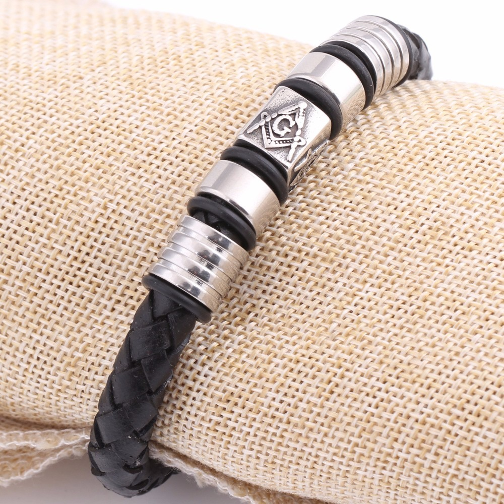 Black leather Masonic bracelet with stainless steel accents, trendy unisex jewelry, perfect for enhancing any style.