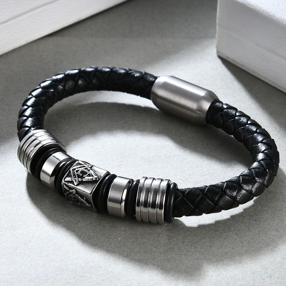 Black Leather Masonic Bracelet / Stainless Steel Magnet Bangle / Men and Women Jewelry - HARD'N'HEAVY