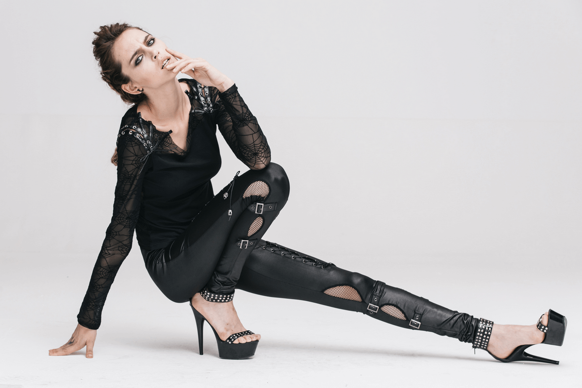 Black Leggings with Lacing and Mesh / Steampunk High Waisted Leggings with Buckles - HARD'N'HEAVY