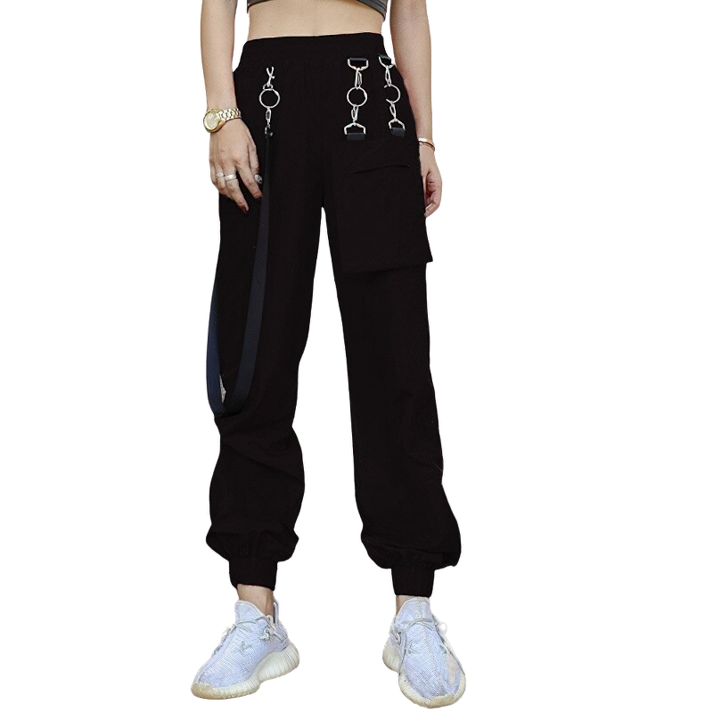 Black Long Female Pants / Vintage Goth Pants with High Waist and Pockets on Chains - HARD'N'HEAVY