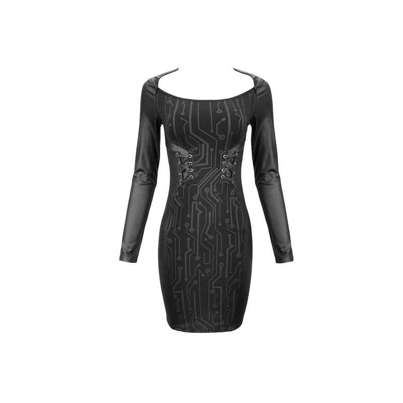 Black long sleeve mini dress featuring gothic lace-up waist and stylish circuit pattern, perfect for edgy fashion lovers.